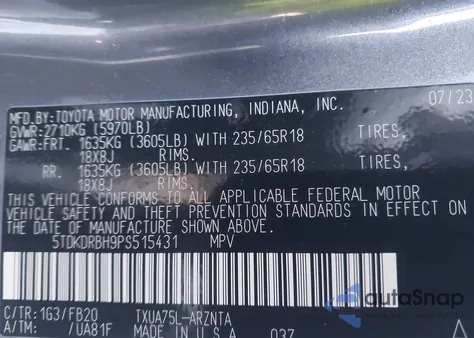 2023 Toyota Highlander Le z USA, uszkodzony, nr VIN 5TDKDRBH9PS515431